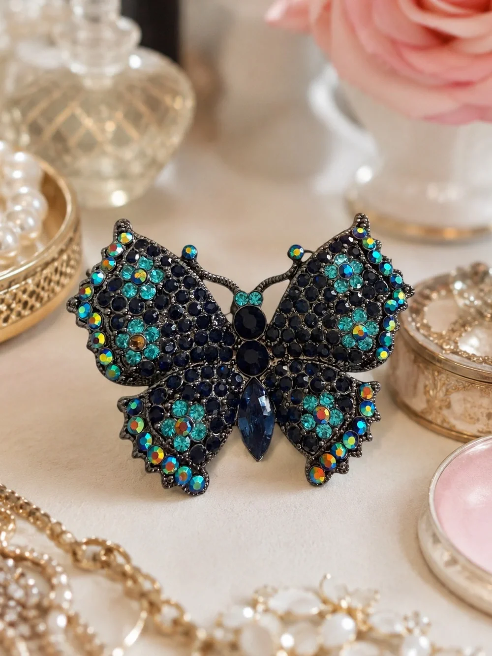 VTG Joan Rivers Blue/Multi Color Butterfly Swarovski  Crystal Brooch